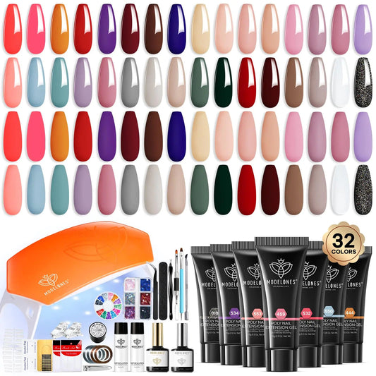 Modelones 133pcs Poly Nail Gel Kit 32 Colors Poly Extension Gel kit with Nail Lamp Base&Top Coat Slip Solution Builder Nail kits Manicure Tools for Starter Nail Art Design Supplies Kit Bellemetique